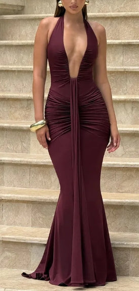 Modern Halterneck V-neck Open Back Tie Gathered Maxi Dress